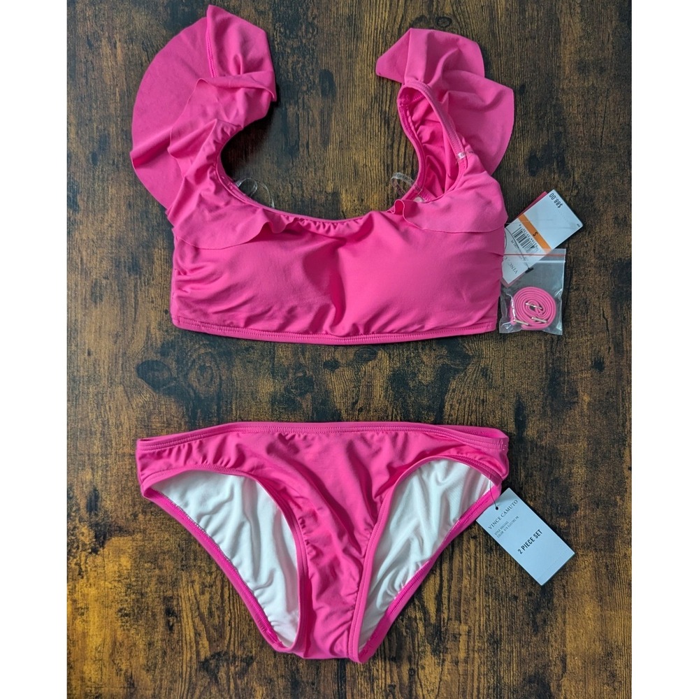 Vince Camuto Bikini Set Pink Ruffle Trim Two Piece Swimsuit Sz S NWT Reosrtwear
